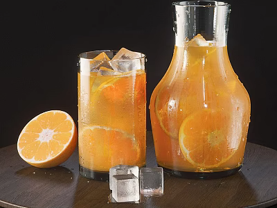 Icy Orange Juice In Glass And Carafe With Slices 3d model