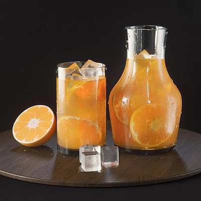 Icy Orange Juice In Glass And Carafe With Slices 3d model