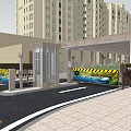 Modern Residential Community Entrance With Security Gate And Man Carrying Luggage