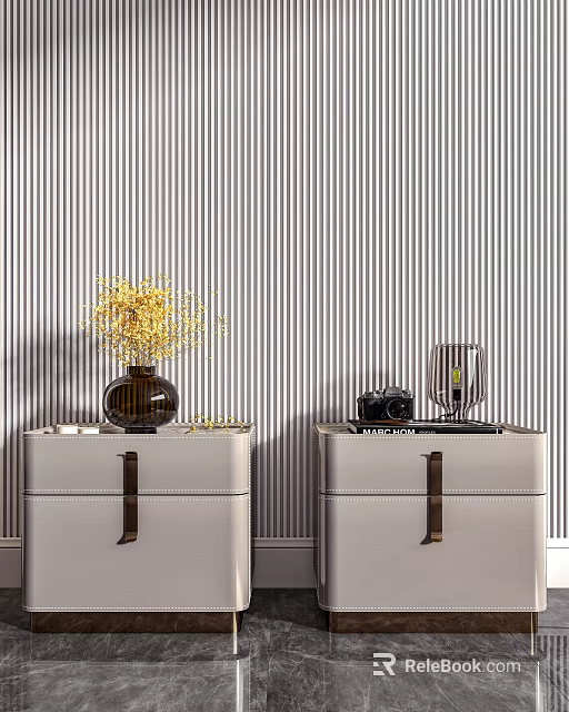 Light Gray Bedside Tables With Leather Handles Yellow Flowers Camera And Lamp On Striped Wallpaper 3d model 