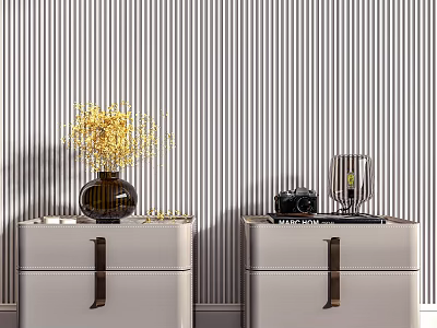 Light Gray Bedside Tables With Leather Handles Yellow Flowers Camera And Lamp On Striped Wallpaper 3d model