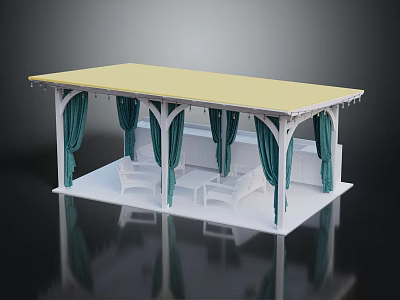 Outdoor Canopy Structure With Yellow Roof White Frame Green Curtains And White Sofas Coffee Table 3d model