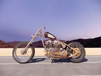 Vintage Motorcycle With Metallic Finish And Leather Seat On Open Road Against Mountain Sunset Sky 3d model
