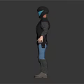 Man Wearing Black Armored Suit With Helmet Blue Visor Blue Pants And Black Boots