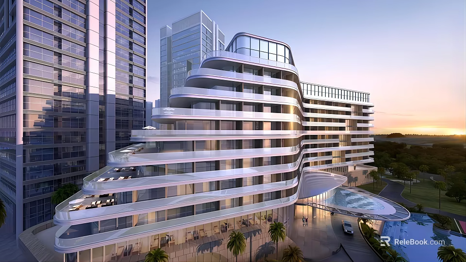 Modern Office Building With Glass Curtain Wall Layered Design And Urban Pool Area 3d model 