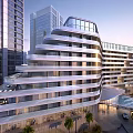 Modern Office Building With Glass Curtain Wall Layered Design And Urban Pool Area