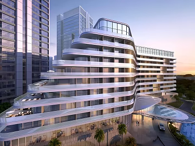 Modern Office Building With Glass Curtain Wall Layered Design And Urban Pool Area 3d model