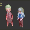 Two 3D Characters With White Hair Glasses Blue Jumpsuits Standing On Gray Background