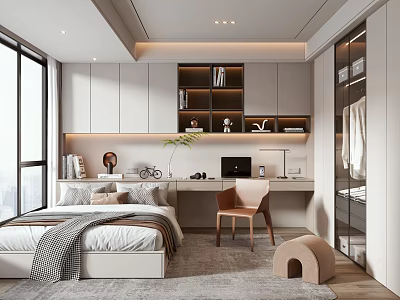 Modern Tatami Bedroom Interior Design With Tatami Bed Desk Built in Bookshelf And Large Window 3d model