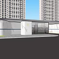 Modern Building Entrance With Waterfall Feature And Marble Walls Surrounded By High Rise Buildings