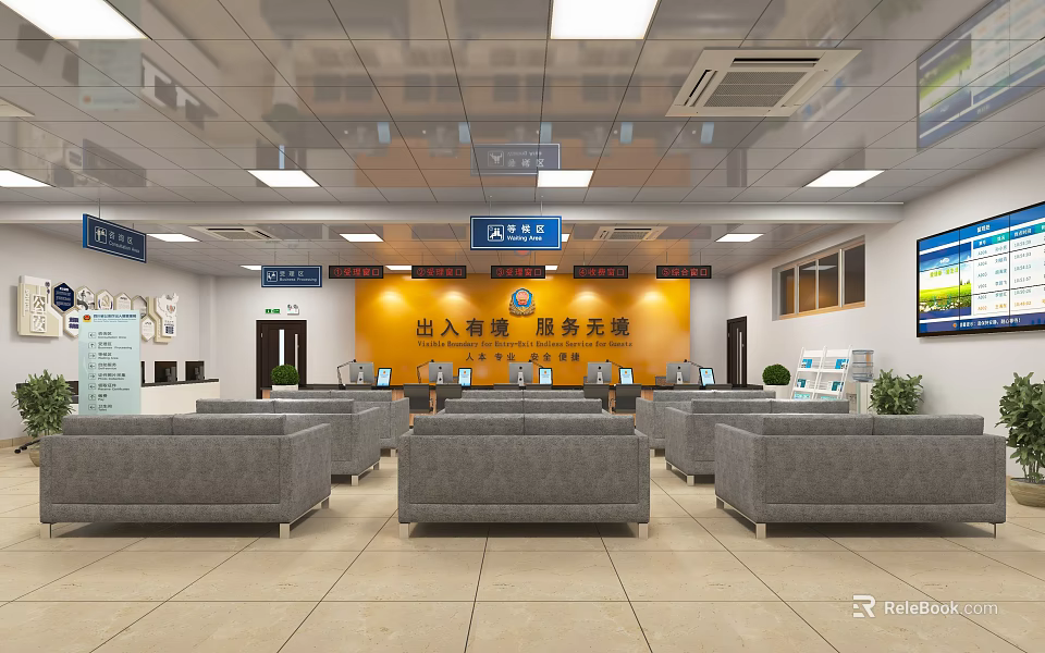 Modern Public Service Hall Interior With Yellow Wall Service Windows Gray Sofas And Neat Layout 3d model 