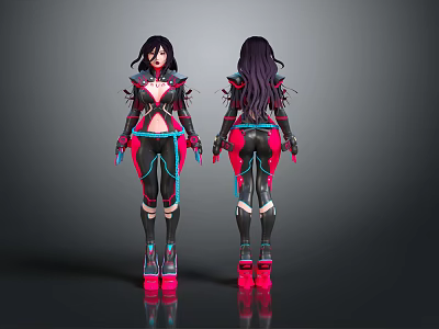 Two Female Characters With Long Black Purple Hair In Tight Pink Black Creature Outfits 3d model