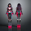 Two Female Characters With Long Black Purple Hair In Tight Pink Black Creature Outfits