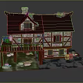 Cartoon Chinese Style House With Brown Roof Stone Walls Balcony Decorated Green Plants Small Stones