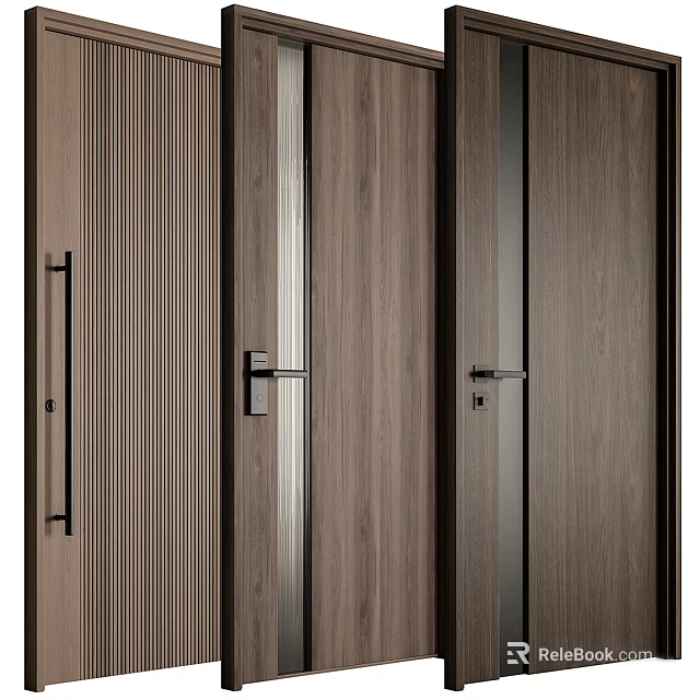 Modern Stylish Wooden Door With Metal Handles And Textured Panels 3d model 