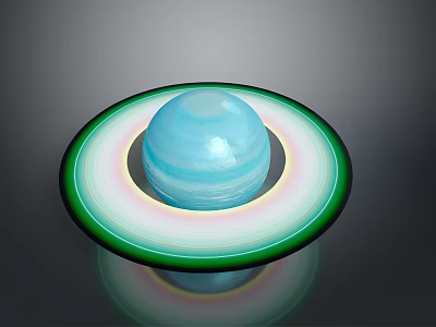 Scenic View of Blue Planet with Green Colorful Rings on Gray Background and Reflection 3d model