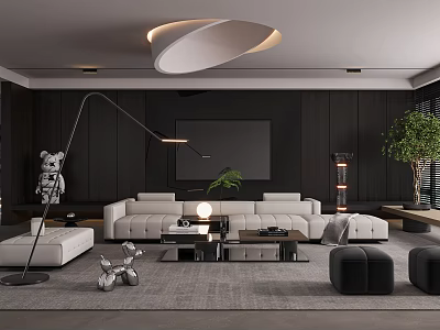 Modern Living Room With Dark Walls White Sofa Floor Lamp TV And Green Plant 3d model