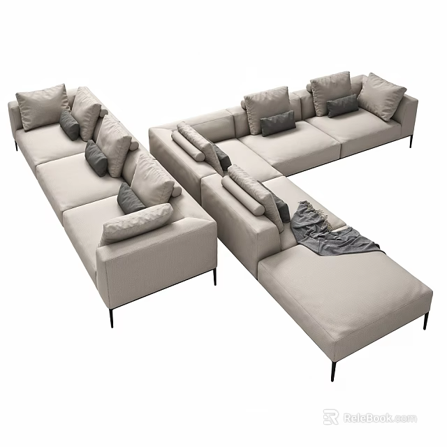 Modern Beige Sectional Sofa With Black Legs Cushions Ottoman And Gray Throw 3d model 