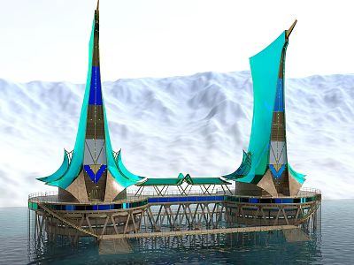 Future Architecture Twin Waterfront Structures With Turquoise Spires Against Snowy Mountain Backdrop 3d model