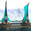 Future Architecture Twin Waterfront Structures With Turquoise Spires Against Snowy Mountain Backdrop