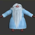 Red Skinned Creature With Long White Beard In Blue Robe Standing On Dark Reflective Surface