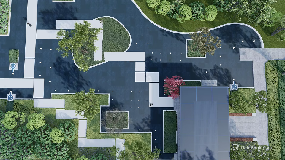 Aerial View Landscaped Garden With Geometric Layout Paved Paths Trees And Greenery 3d model 