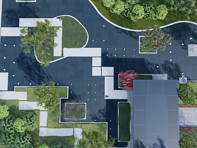 Aerial View Landscaped Garden With Geometric Layout Paved Paths Trees And Greenery 3d model