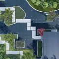 Aerial View Landscaped Garden With Geometric Layout Paved Paths Trees And Greenery
