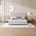 Gray Leather Double Bed with White Sheets Gray Blanket Nightstand Lamp Wooden Floor Wall Art