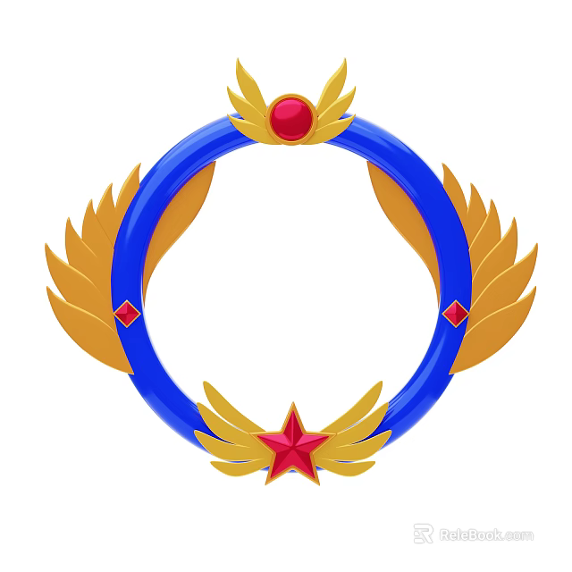 Elegant Blue Ring Ornament Decor Set With Golden Wings Red Gemstones And Red Star 3d model 
