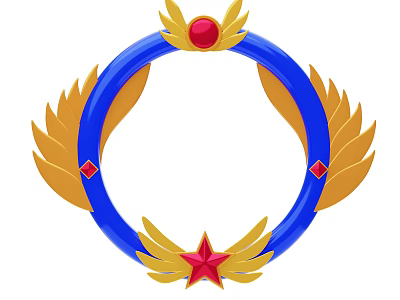 Elegant Blue Ring Ornament Decor Set With Golden Wings Red Gemstones And Red Star 3d model