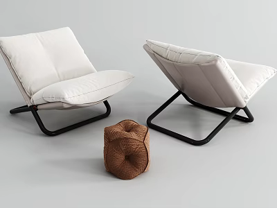 White Modern Accent Chairs With Black Metal Frames And Brown Woven Ottoman 3d model