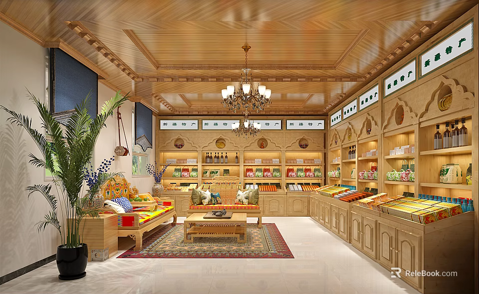 Wooden Interior Specialty Store With Shelves Displayed Goods Chandelier Sofa Rug And Plant 3d model 