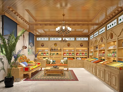 Wooden Interior Specialty Store With Shelves Displayed Goods Chandelier Sofa Rug And Plant 3d model