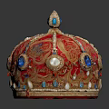 Elegant Red Decorative Crown With Gold Embroidery Blue Gemstones And Pearls