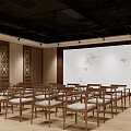 Cultural Center Interior With Wooden Tables Chairs Neatly Arranged Front Screen Bamboo Bird Patterns