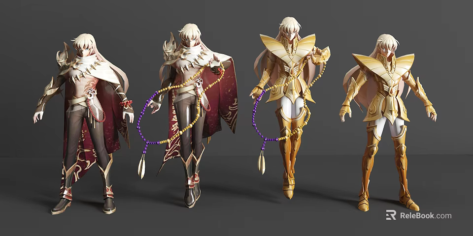 Game Movie Character Design With Golden Armor Red Cape Long Hair And Various Poses 3d model 