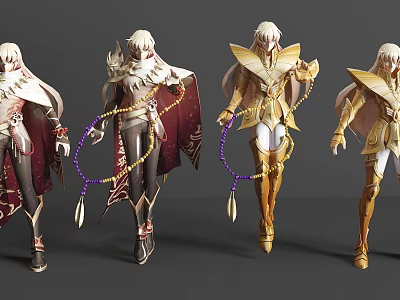 Game Movie Character Design With Golden Armor Red Cape Long Hair And Various Poses 3d model