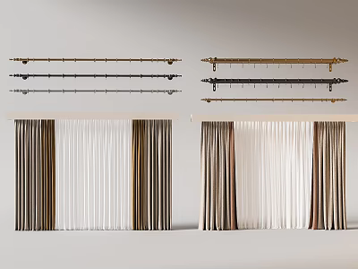 Modern Curtain Styles With White Sheer And Brown Fabric And Decorative Rods 3d model
