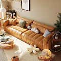 Cozy Living Room Interior With Beige Leather Sofa Green White Cushions Blinds And Leaf Artwork