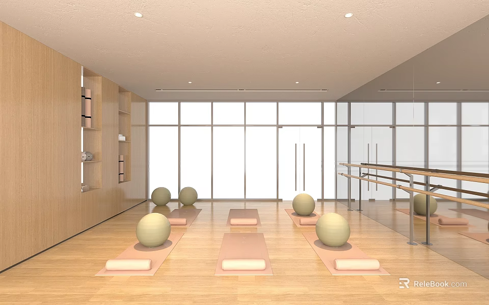 Yoga Studio Interior With Mats Exercise Balls And Bright Space 3d model 