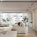 Modern Living Dining Room Interior Design With Beige Sofa Black Cushions Plants And Decor Shelves