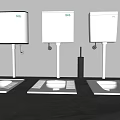 Three Squat Toilets With Wall Mounted Cisterns Toilet Paper Holder And Brush On Gray Wall