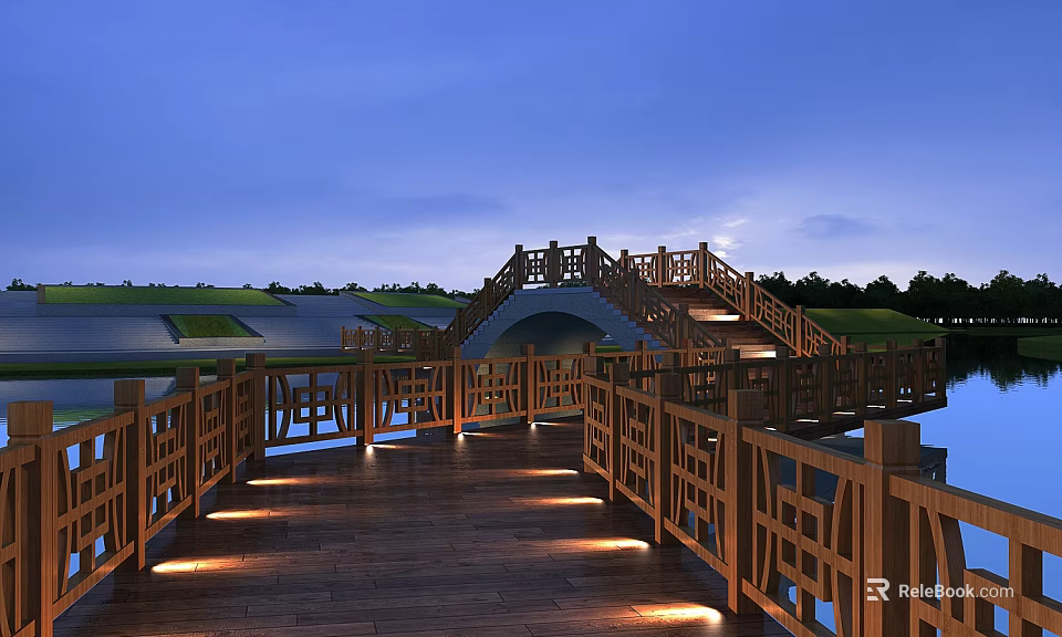 Park Landscape Featuring Wooden Boardwalk Bridge Illuminated Paths Water Surface And Green Lawns 3d model 