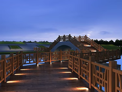 Park Landscape Featuring Wooden Boardwalk Bridge Illuminated Paths Water Surface And Green Lawns 3d model