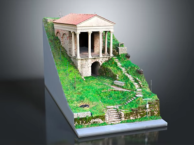 Ancient Building Model With Red Roof Stone Columns Stone Steps And Green Grassy Slope 3d model