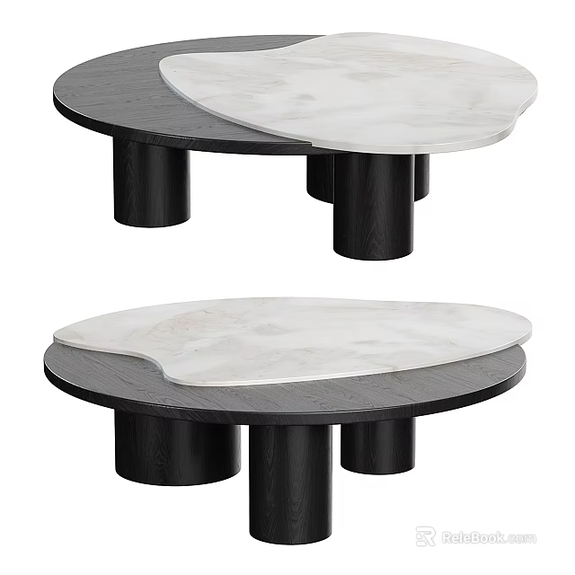 Modern Coffee Table With White Marble Top And Black Cylindrical Legs Design 3d model 