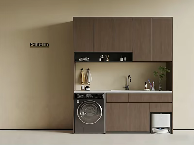 Modern Wooden Balcony Cabinet With Countertop Faucet Washing Machine And Plant 3d model