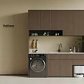 Modern Wooden Balcony Cabinet With Countertop Faucet Washing Machine And Plant