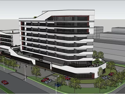 Modern Multi Storey Office Building With Large Windows And Surrounding Greenery 3d model